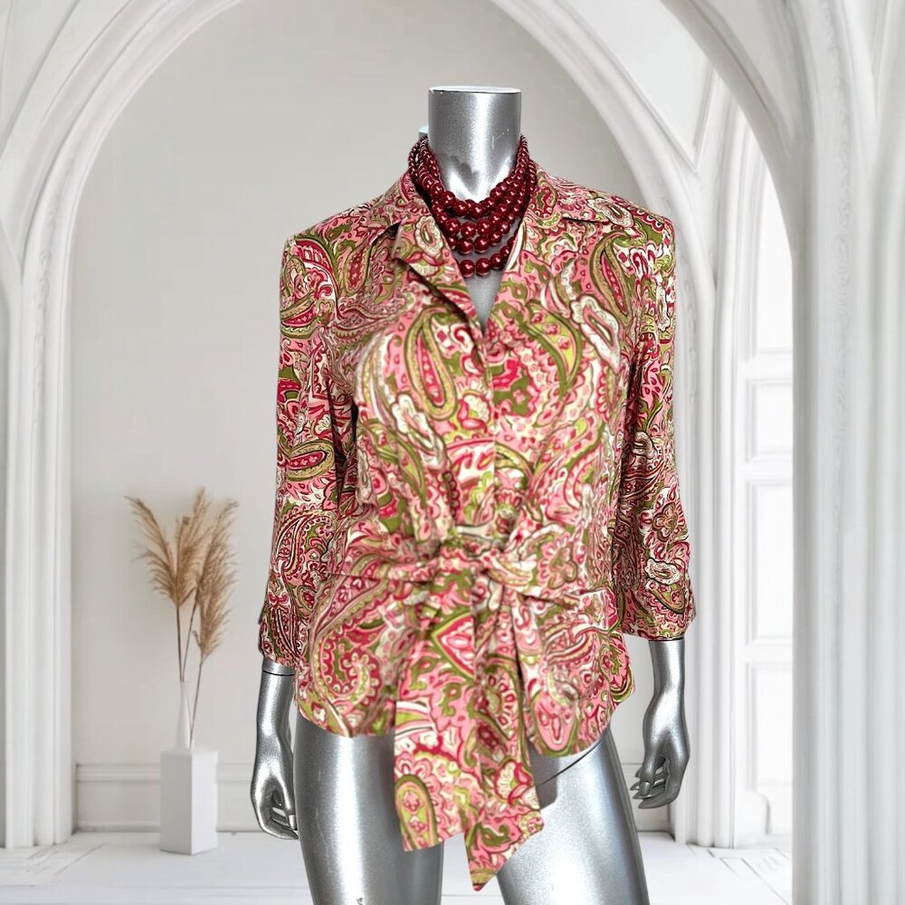 Jones New York Womens Paisley Shirt L Pink & Green Cotton L